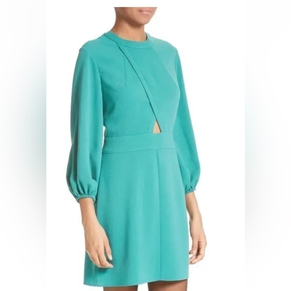 Tibi Savanna Cutout Dress NWT Long Sleeves Keyhole Waist Teal Lined Size 10